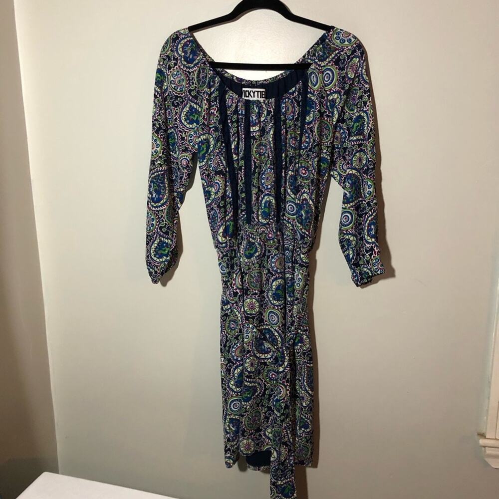 Vicky Tiel paisley printed blue long-sleeve midi dress scoopneck elastic waist M